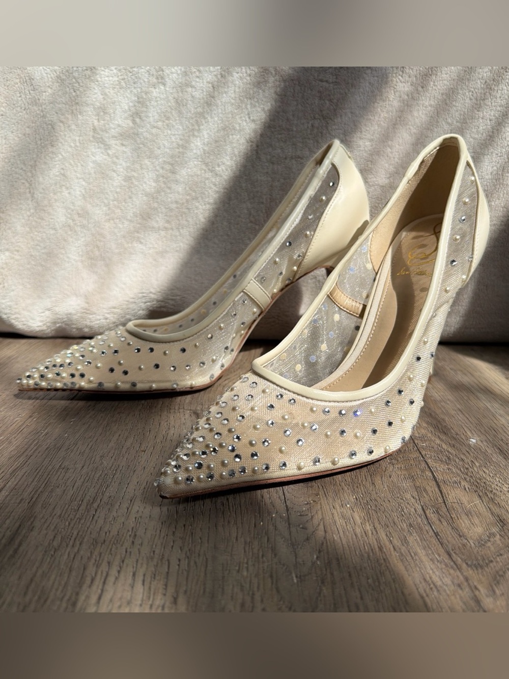 Sam Edelman Ivory Crystal Embellished Mesh Pointed Toe Heels